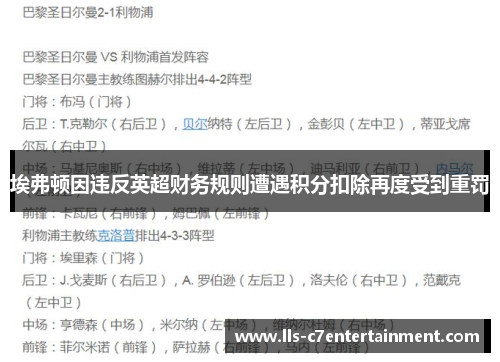 埃弗顿因违反英超财务规则遭遇积分扣除再度受到重罚 埃弗顿因违反英超财务规则遭遇积分扣除再度受到重罚