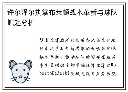 许尔泽尔执掌布莱顿战术革新与球队崛起分析 许尔泽尔执掌布莱顿战术革新与球队崛起分析